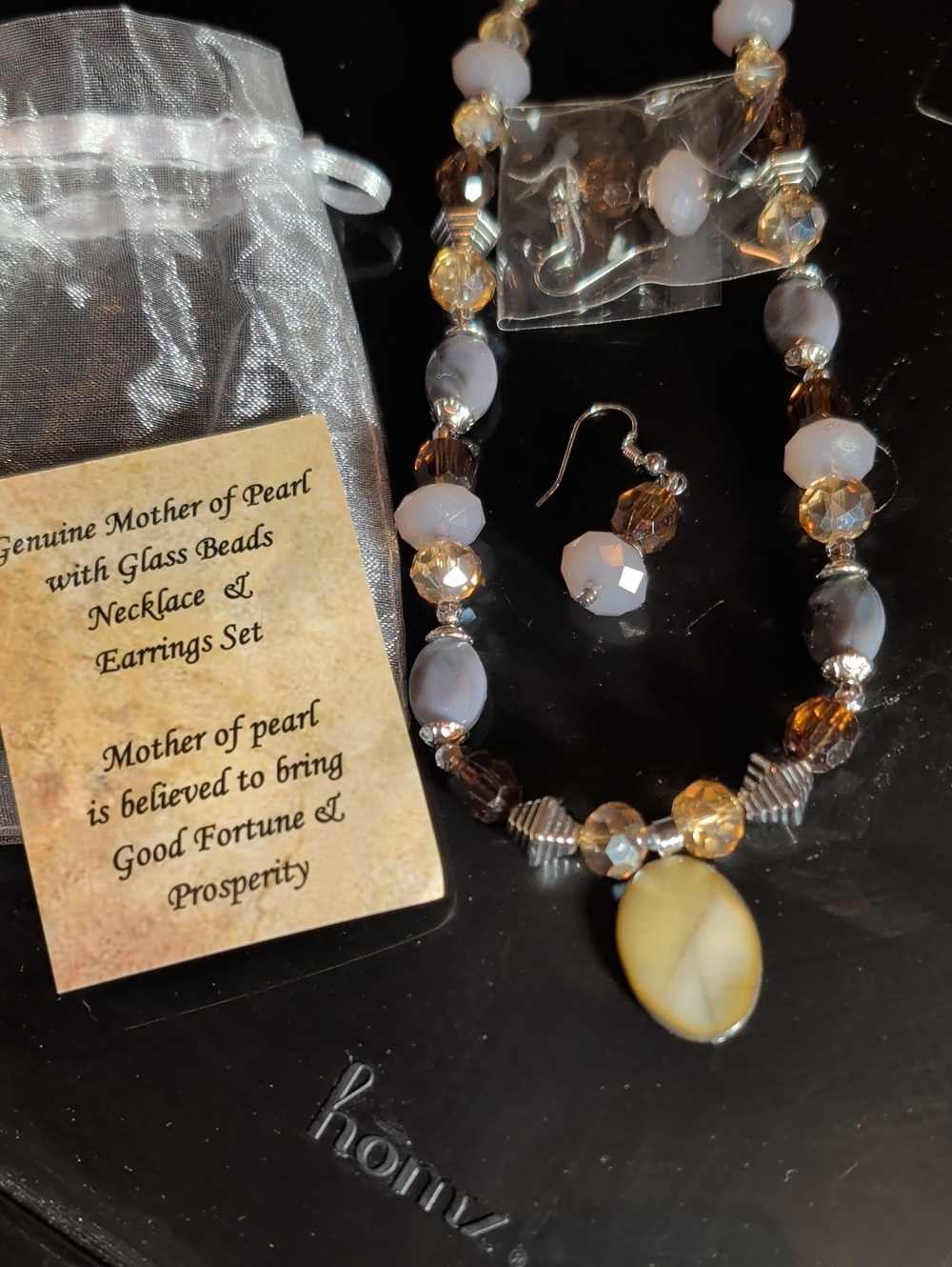 Source Unknown Mother of Pearl Pendant Necklace & Earrings - Cream and Brown